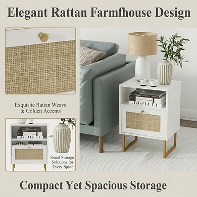 AKSZRI Boho Rattan Nightstand - Modern Farmhouse Bedside Table with Gold Frame, White
