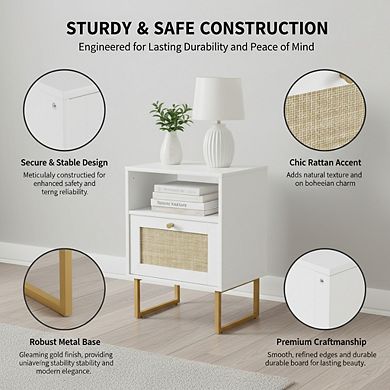 AKSZRI Boho Rattan Nightstand - Modern Farmhouse Bedside Table with Gold Frame, White