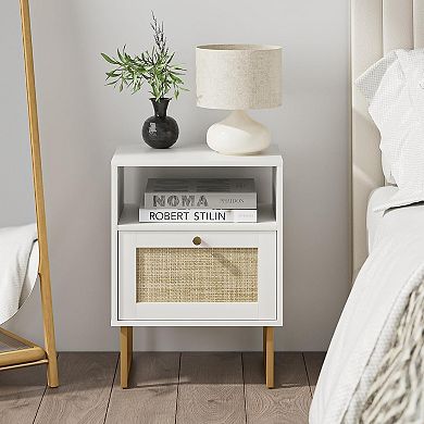 AKSZRI Boho Rattan Nightstand - Modern Farmhouse Bedside Table with Gold Frame, White