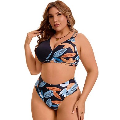 Women's Plus Size 2 Pcs Bikini Sets Color Block Suits Floral Tummy Control Printed High Cut Swimsuit