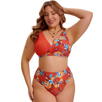 Women's Plus Size 2 pc Bikini Sets Color Block Suits Floral Tummy Control Printed High Cut Swimsuit