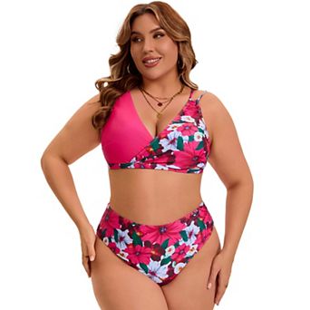 Women's Plus Size 2 pc Bikini Sets Color Block Suits Floral Tummy Control Printed High Cut Swimsuit