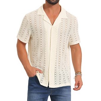 Hawaiian Shirt for Men's Camp Collar Button Down Short Sleeve Textured Knitted Shirts