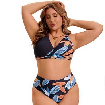 Women's Plus Size 2 pc Bikini Sets Color Block Suits Floral Tummy Control Printed High Cut Swimsuit
