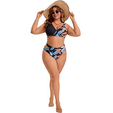 Women's Plus Size 2 Pcs Bikini Sets Color Block Suits Floral Tummy Control Printed High Cut Swimsuit