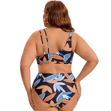 Women's Plus Size 2 Pcs Bikini Sets Color Block Suits Floral Tummy Control Printed High Cut Swimsuit