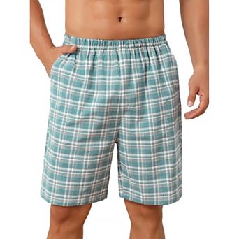 Plaid Pajama Shorts for Men's Lightweight Elastic Waist Cotton Sleepwear Bottom with Pockets