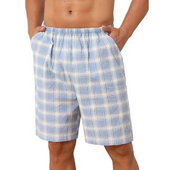 Plaid Pajama Shorts for Men's Lightweight Elastic Waist Cotton Sleepwear Bottom with Pockets