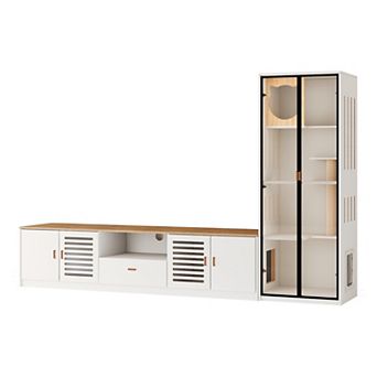 Furniture Style Cat Litter Box Enclosure, Entertainment Center Included TV Stand & Glass Cat House