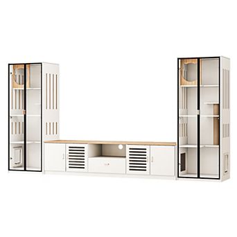 Furniture Style Cat Litter Box Enclosure, Entertainment Center Included TV Stand & 2 Glass Cat House