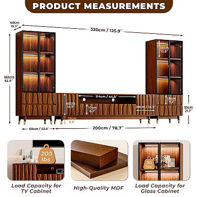 Walnut Finish Entertainment Center for 75'' TVs, TV Stand and 2 Display Cabinet with Drawers, Brown