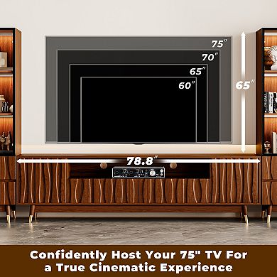 Walnut Finish Entertainment Center for 75'' TVs, TV Stand and 2 Display Cabinet with Drawers, Brown