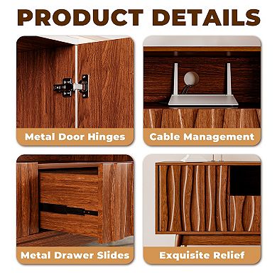 Walnut Finish Entertainment Center for 75'' TVs, TV Stand and 2 Display Cabinet with Drawers, Brown