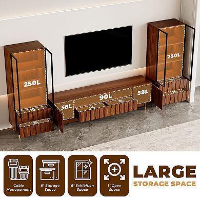 Walnut Finish Entertainment Center for 75'' TVs, TV Stand and 2 Display Cabinet with Drawers, Brown