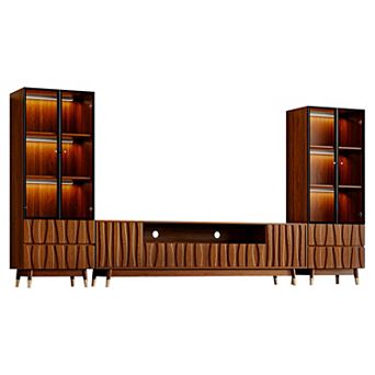 Walnut Finish Entertainment Center for 85'' TVs, TV Stand & Two 4 tier Display Cabinet with Storage