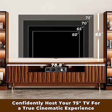 Walnut Finish Entertainment Center for 75'' TVs, TV Stand & Two 4-tier Display Cabinet with Storage