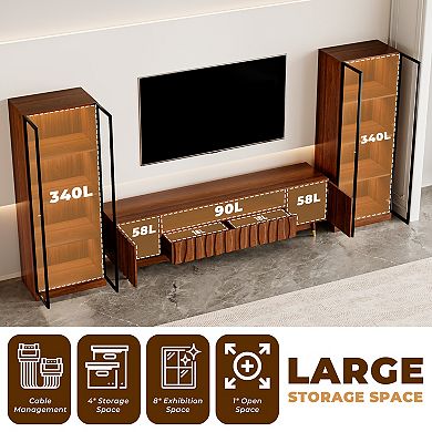 Walnut Finish Entertainment Center for 75'' TVs, TV Stand & Two 4-tier Display Cabinet with Storage