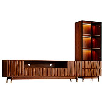 102.3'' Walnut Finish Entertainment Center for 85 inch TV with TV Stand and Display Cabinet, Brown