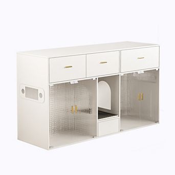 61.4''w Cat Litter Box Cabinet For 2 Large Cats, Hidde Indoor Pet House, White Sideboard End Table