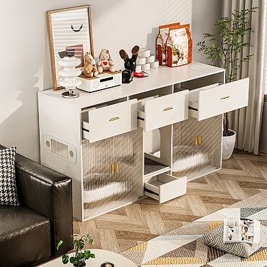 61.4''w Cat Litter Box Cabinet For 2 Large Cats, Hidde Indoor Pet House, White Sideboard End Table