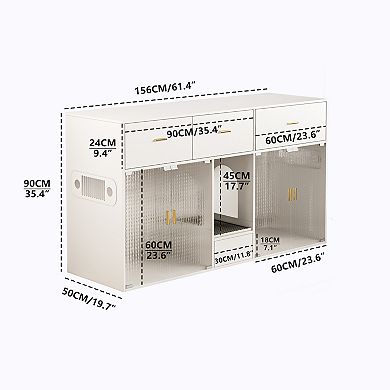 61.4''w Cat Litter Box Cabinet For 2 Large Cats, Hidde Indoor Pet House, White Sideboard End Table