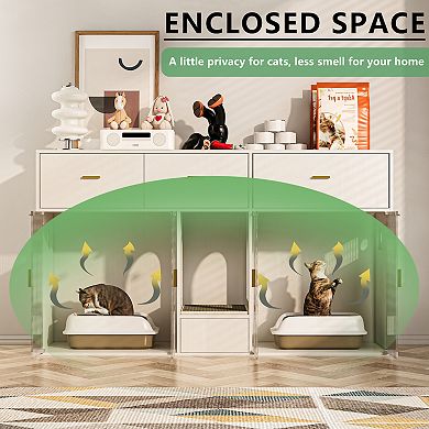61.4''w Cat Litter Box Cabinet For 2 Large Cats, Hidde Indoor Pet House, White Sideboard End Table