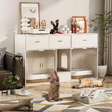 61.4''w Cat Litter Box Cabinet For 2 Large Cats, Hidde Indoor Pet House, White Sideboard End Table