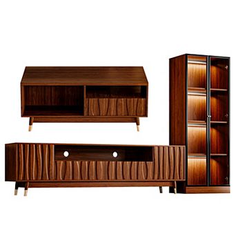 Walnut Finish Entertainment Center, Modern Media Console Set of 3 with TV Stand and Cabinet, Brown