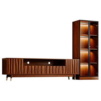 102.3'' Walnut Finish Entertainment Center for 85 inch TV with TV Stand and 4 tier Display Cabinet