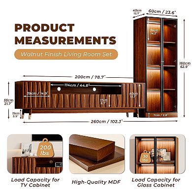 Walnut Finish TV Stand for TVs up to 75" and 4-tier Display Case, Mid-century Entertainment Center