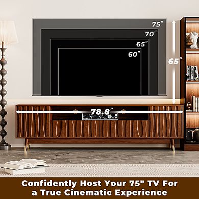 Walnut Finish TV Stand for TVs up to 75" and 4-tier Display Case, Mid-century Entertainment Center