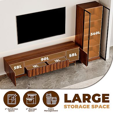 Walnut Finish TV Stand for TVs up to 75" and 4-tier Display Case, Mid-century Entertainment Center