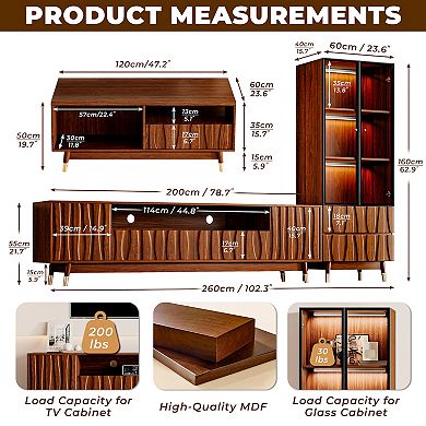 Walnut Finish Entertainment Center Set of 3, TV Stand, Display Cabinet with Drawers & Coffee Table