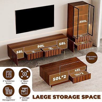 Walnut Finish Entertainment Center Set of 3, TV Stand, Display Cabinet with Drawers & Coffee Table