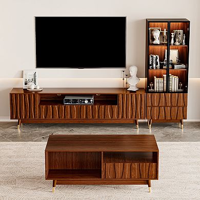 Walnut Finish Entertainment Center Set of 3, TV Stand, Display Cabinet with Drawers & Coffee Table