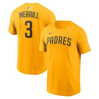 Men's Nike Jackson Merrill Gold San Diego Padres Name & Number T-Shirt