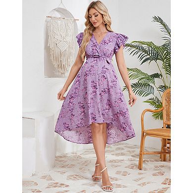 Women Maternity V Neck Ruffle Sleeve Dress with Belt
