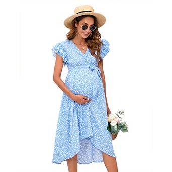 Women Maternity V Neck Ruffle Sleeve Dress with Belt