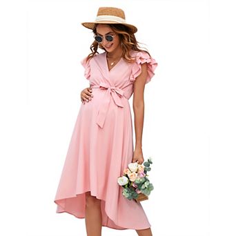 Women Maternity V Neck Ruffle Sleeve Dress with Belt