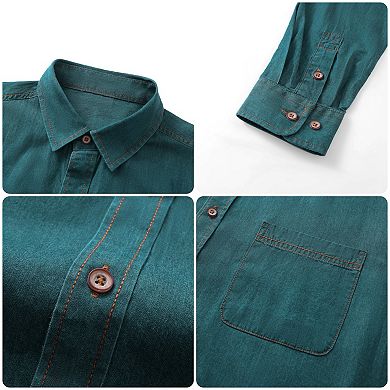Men's Denim Shirt Long Sleeve Slim Fit Button-Down 100% Cotton Work Casual