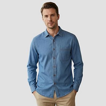 Men's Denim Shirt Long Sleeve Slim Fit Button-Down 100% Cotton Work Casual