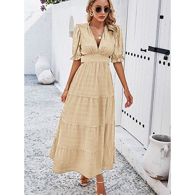 Women's Temperament Solid Color V-neck Lace Up Waist Dress
