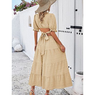 Women's Temperament Solid Color V-neck Lace Up Waist Dress