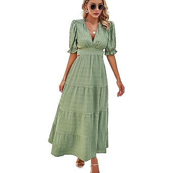 Women's Temperament Solid Color V-neck Lace Up Waist Dress