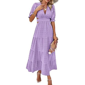 Women's Temperament Solid Color V-neck Lace Up Waist Dress
