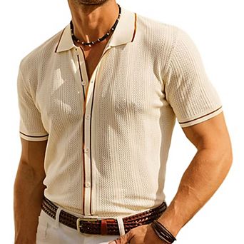 Mens Knit Button Down Shirts Casual Textured Polo Shirt Short Sleeve Vintage Summer Beach Tops