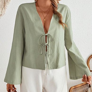 Women's Tie Front V-Neck Shirt Casual Loose Long Sleeve Blouse Stylish Versatile Workwear Top