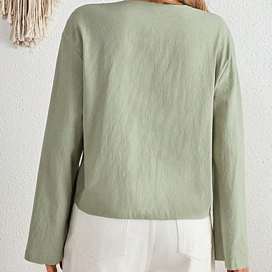 Women's Tie Front V-Neck Shirt Casual Loose Long Sleeve Blouse Stylish Versatile Workwear Top