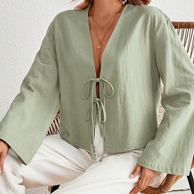 Women's Tie Front V-Neck Shirt Casual Loose Long Sleeve Blouse Stylish Versatile Workwear Top
