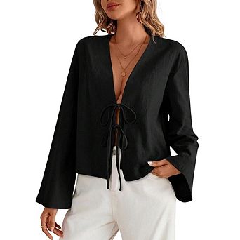 Women's Tie Front V-Neck Shirt Casual Loose Long Sleeve Blouse Stylish Versatile Workwear Top